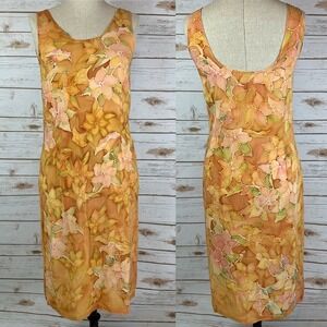 100% Silk Kristi Kranz Hand Painted Dress Gold Yellow Floral S Watercolor Hawaii